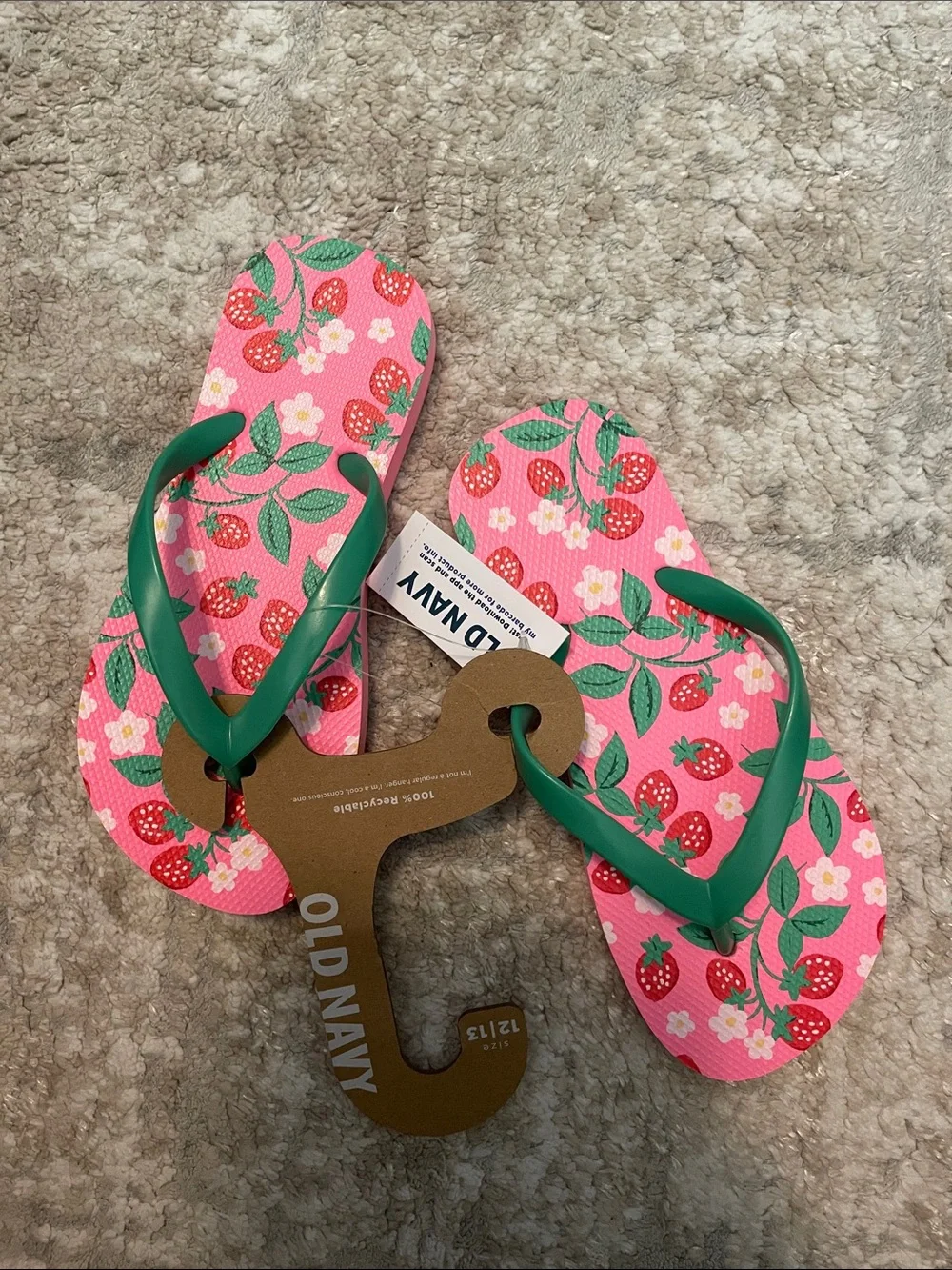 Old Navy Pink Strawberry Print Flip Flops with Green Straps size 12/13C-NWT